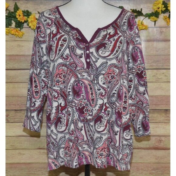 Croft & Barrow T-Shirt Women 1X Paisley Floral V-Neck 3/4 Sleeve Classic Tee - Picture 1 of 10